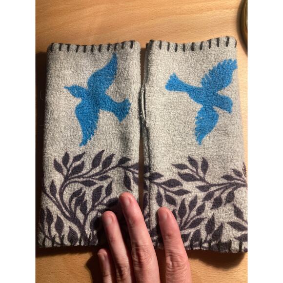 Handmade Fleece Hand Warmers Gray & Turquoise Birds ~ One Size ~ So Hygge! - Picture 4 of 6